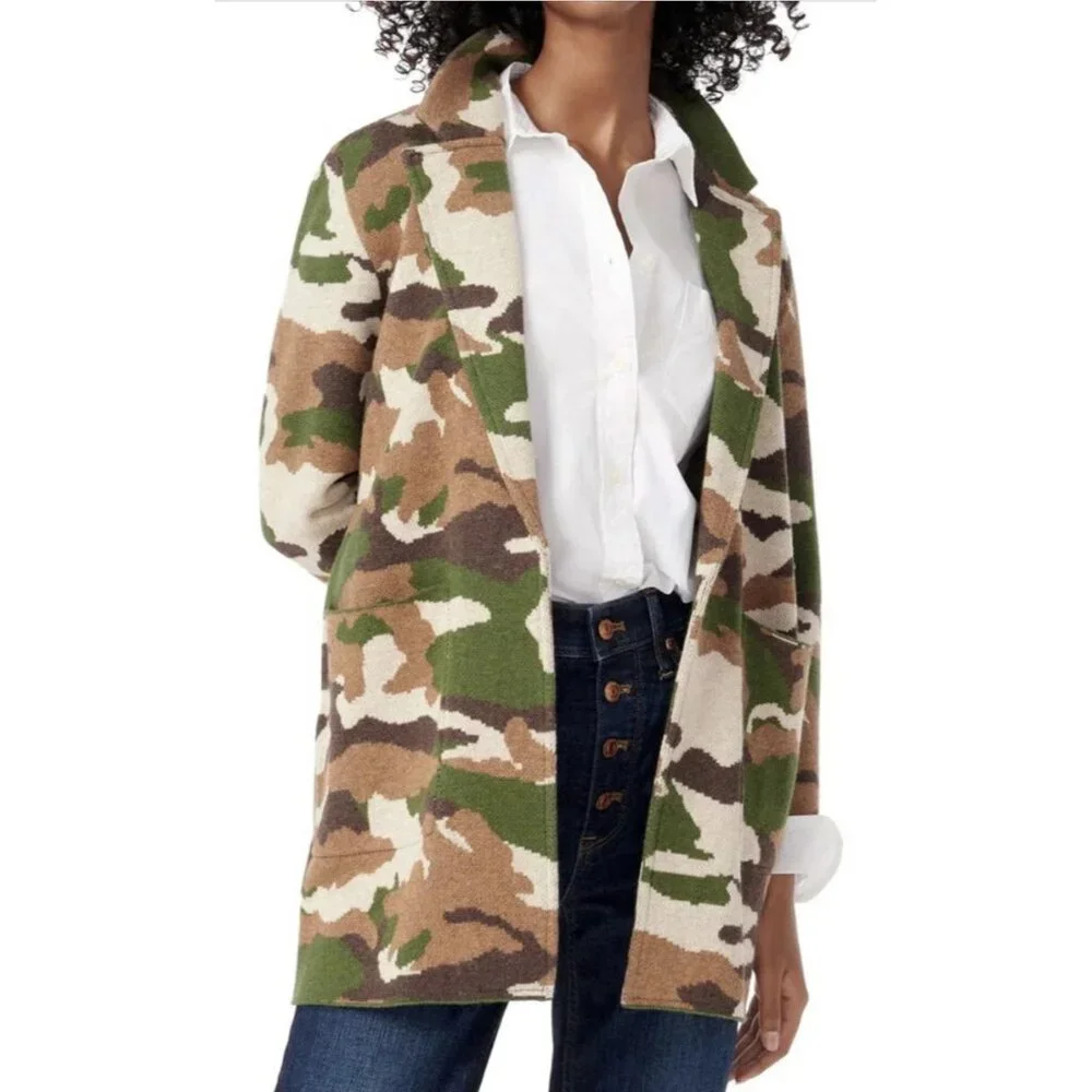 NWT J.Crew Sophie Coffee Camo Camouflage Open-Front Sweater Blazer Cardigan XXS